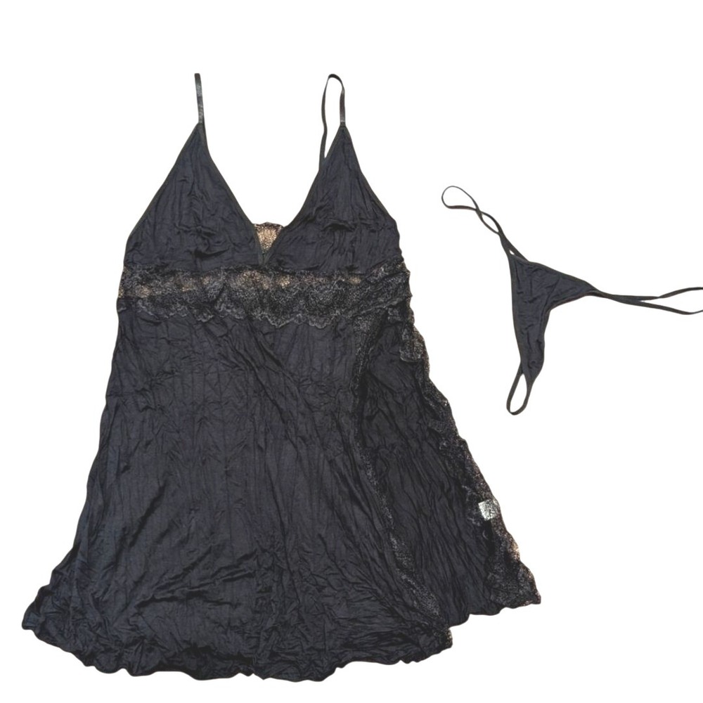 Plus Lingerie 4XL 4X Black Lace Chemise Dress Thong Panties Sexy Set NEW